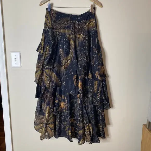 FARM RIO Golden Foliage Layered Asymmetrical Ruffle Maxi Skirt Medium - Picture 8 of 9